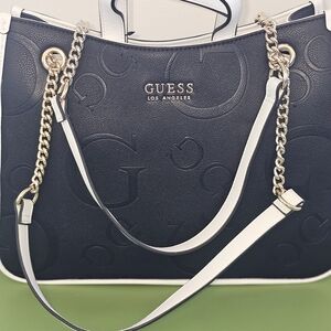 GUESS Black and White Tote with Gold Accents